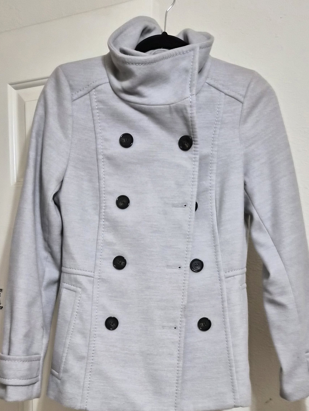 H&M Light Gray Double-Breasted Pea Coat with Funnel Collar